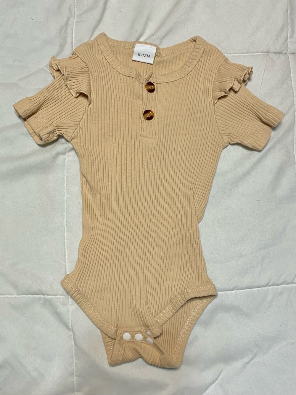 Neutral Tan Ribbed Baby One-Piece with Ruffle Sleeves 6-12 M